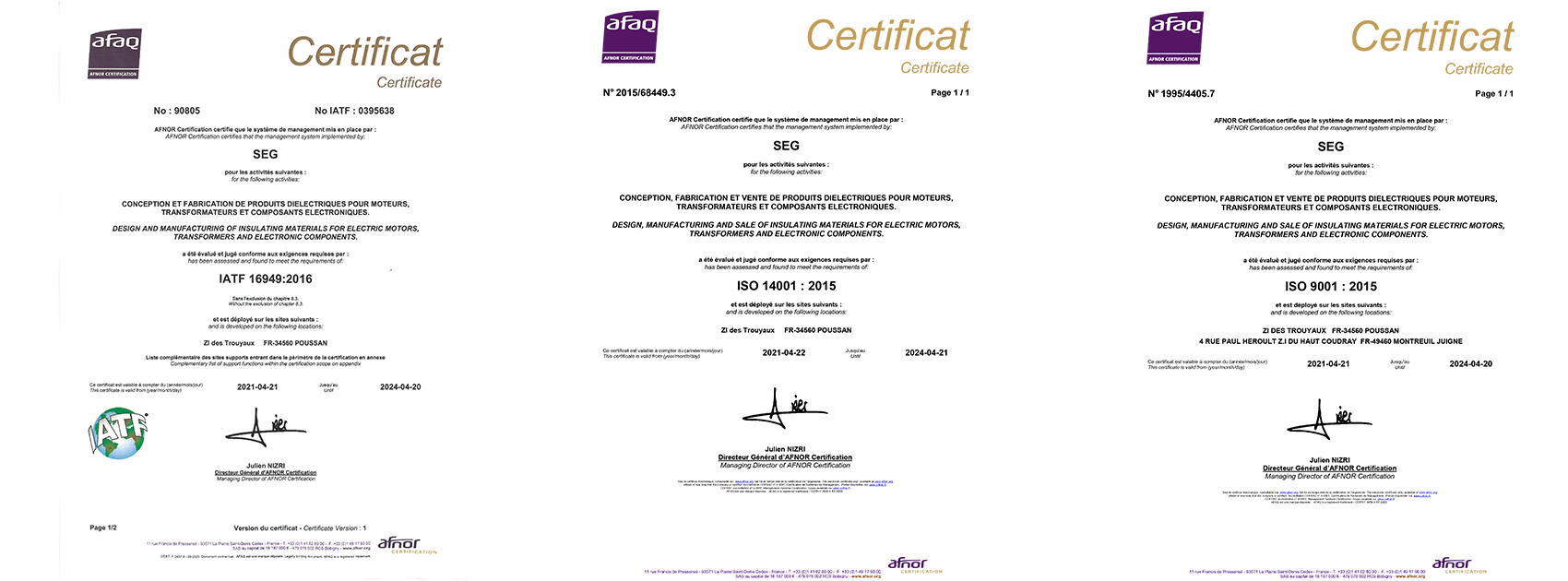 SEG Dielectrics - Afnor-Zertifizierung